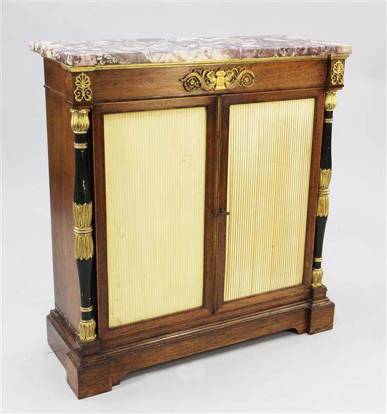 A Regency rosewood and ormolu mounted marble top side cabinet, W.3ft 3in.